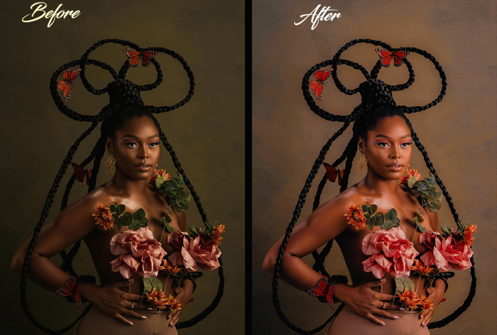 Gen-Z fashion model before and after editorial retouching, showcasing Photoshop dodge & burn, frequency separation, and cyber-luxe gradient maps for viral-ready transformation