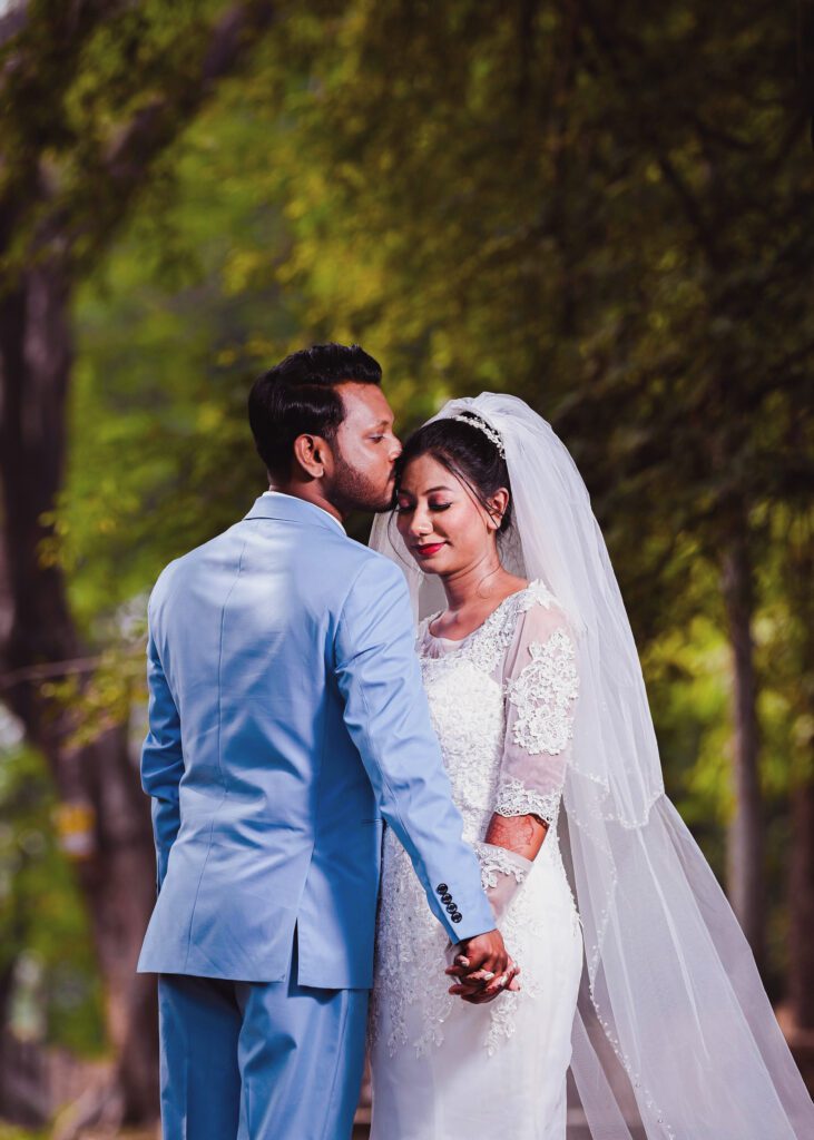 Indian couple in non-traditional wedding fashion, retouched with Photoshop dodge & burn, frequency separation, and golden hour LUTs for cinematic intimacy and editorial clarity.