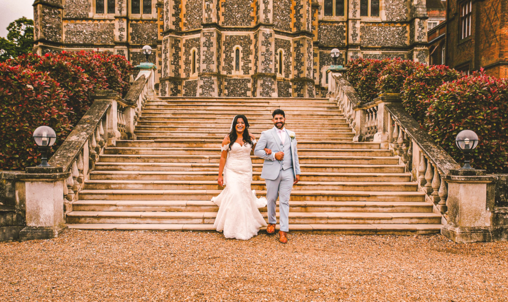 British bride and groom in traditional wedding attire, retouched with Photoshop dodge & burn, frequency separation, and golden hour LUTs for timeless elegance and cinematic warmth